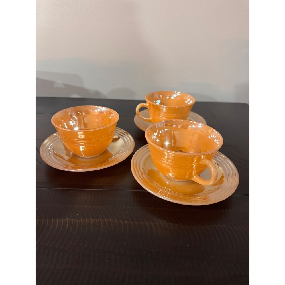 Vintage Fire-King Peach Lustre Laurel Tea Cups and Saucers Set of 3 Milk Glass